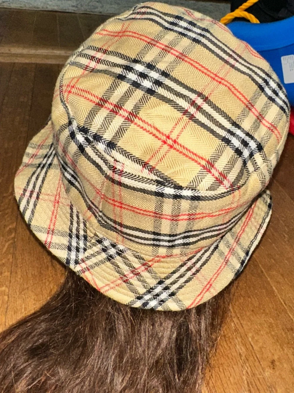 Burberry Beige Plaid Bucket Hat with Black & Red Accents